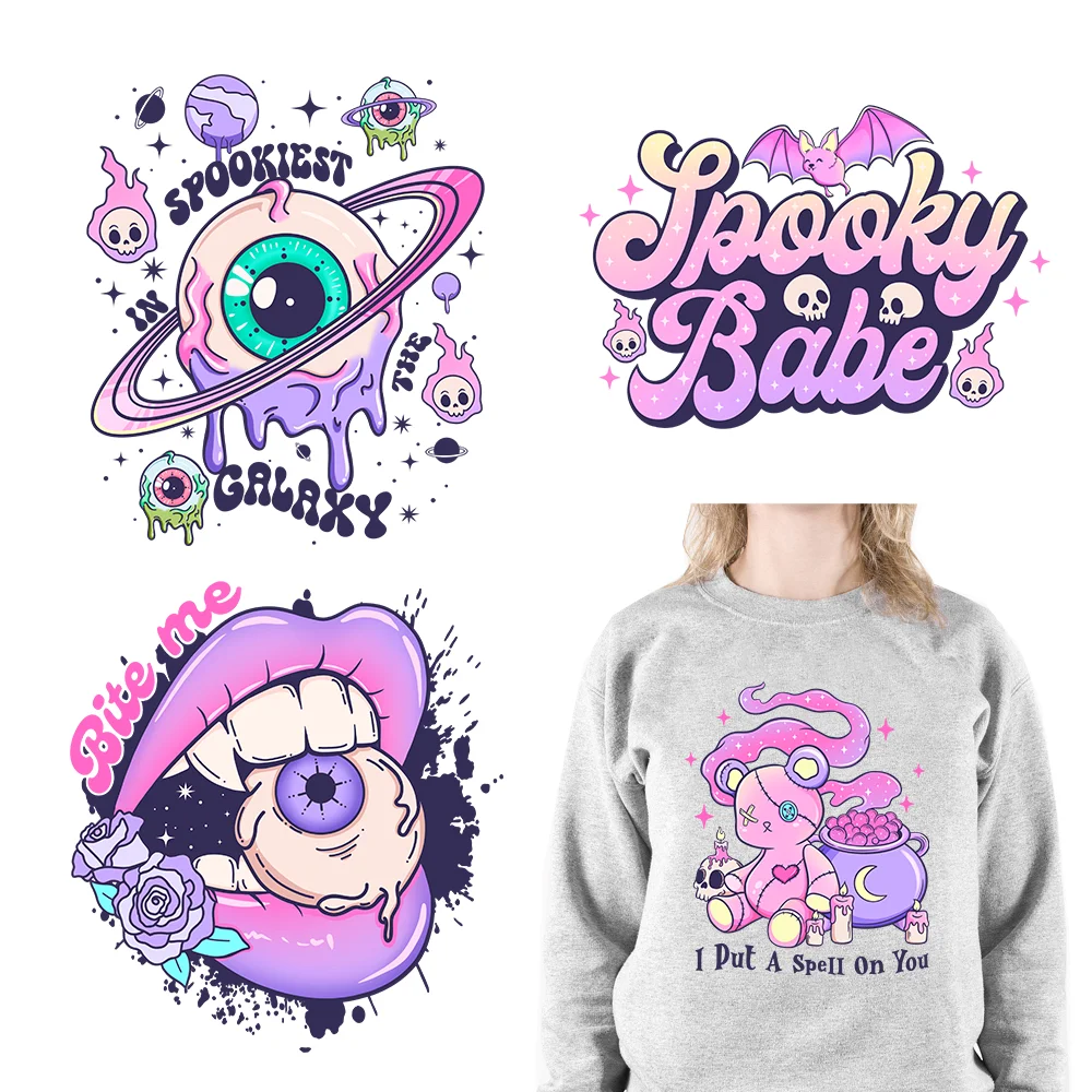 

Iron On Pink Spookiest Babe Galaxy Decals Dead Inside Halloween DTF Heat Transfers Stickers Ready To Press For T-Shirts