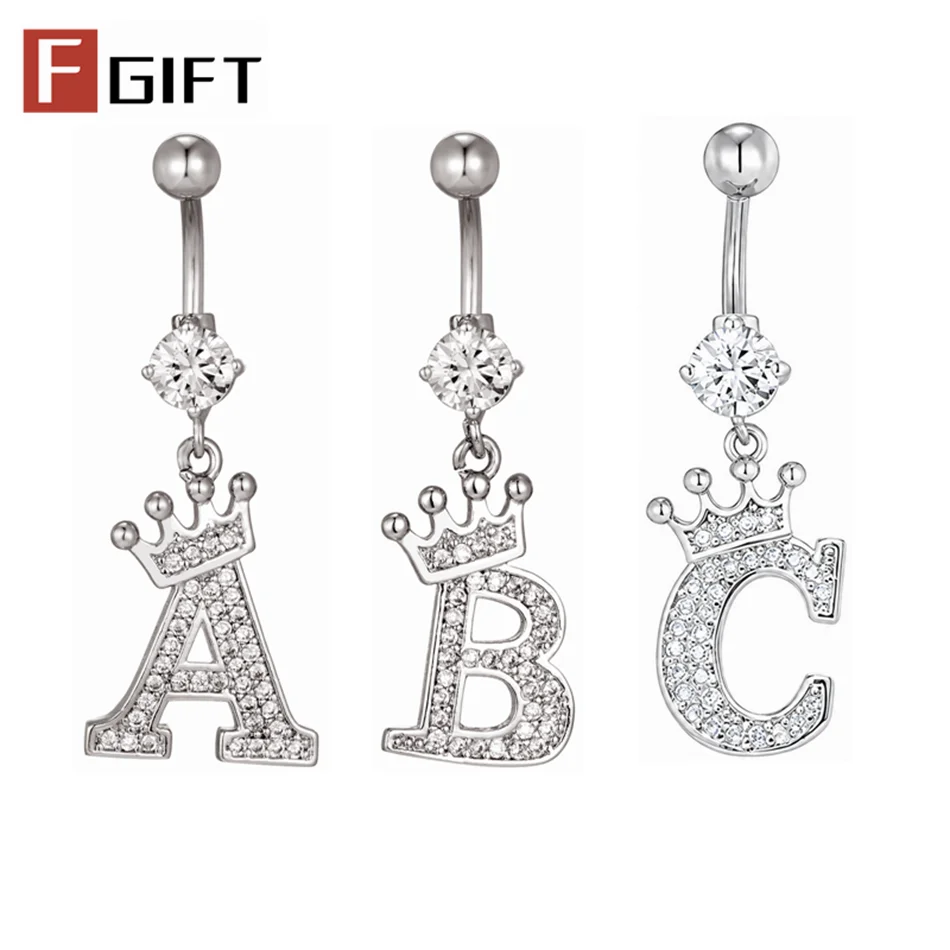 Piercings para ombligo con inicial de alfabeto tipo corona, letras ABCD con circonitas, colgante con letra de nombre, barra de titanio, color plateado, joyería corporal