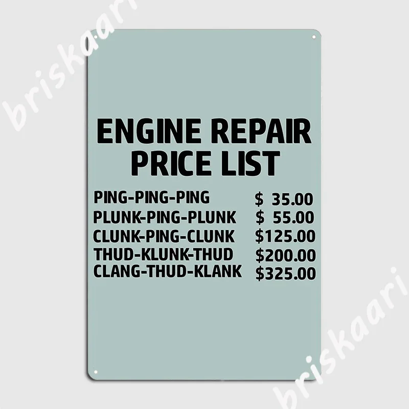 Engine Repair Price List Metal Sign Party Plates Wall pub Custom Tin sign Poster