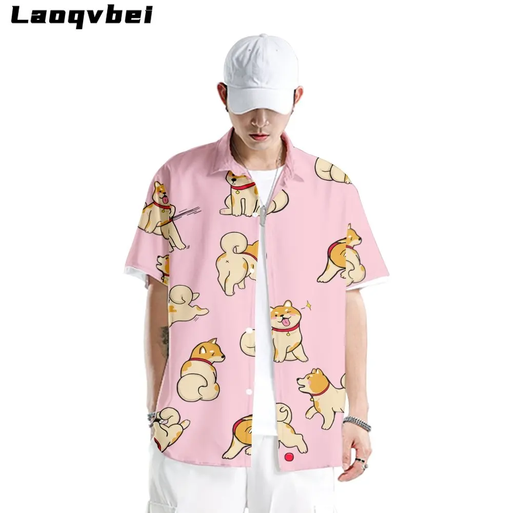 Oversized Beach Hawaiian Shirt 2023 Zomer Shiba Inu Hond Print Losse Korte Mouwen Shirt Mannen Roze Top