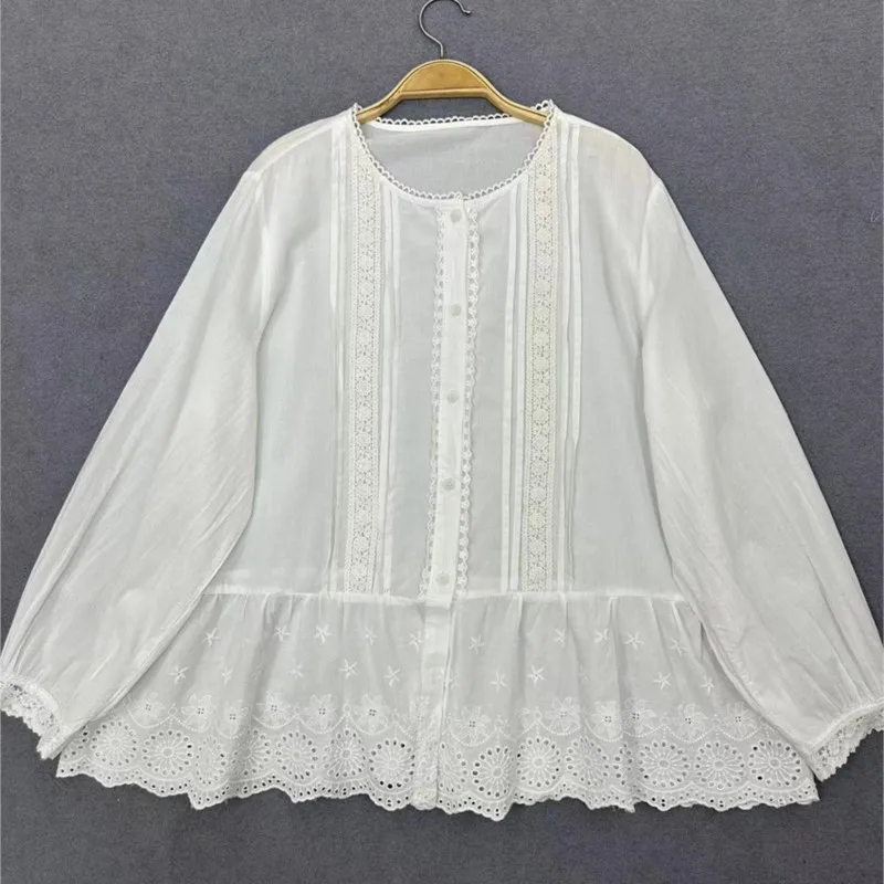 JOHNMOB-Chemise à manches longues brodée en coton pour femme, chemisier à volants doux, Mori Girl, japonais, nouveau, adt, début du printemps, 2024