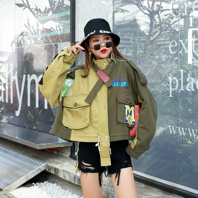 Trendy Brand Letter Embroidered Women Cargo Jacket Cropped Jacket Streetwear Unisex Baseball Jacket Patchwork Spring Autumn Coat