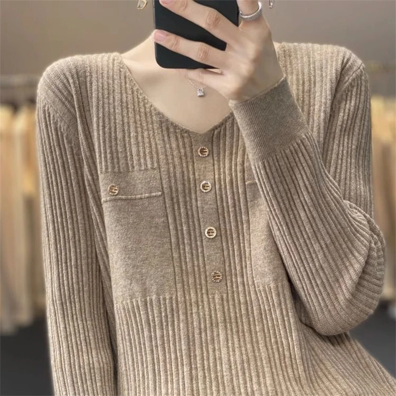 Women Clothing 2023 Korean Style V Neck Long Sleeve Chic Elegant Knitted Sweater Female Casual Solid Loose Pullover Tops Jumpers