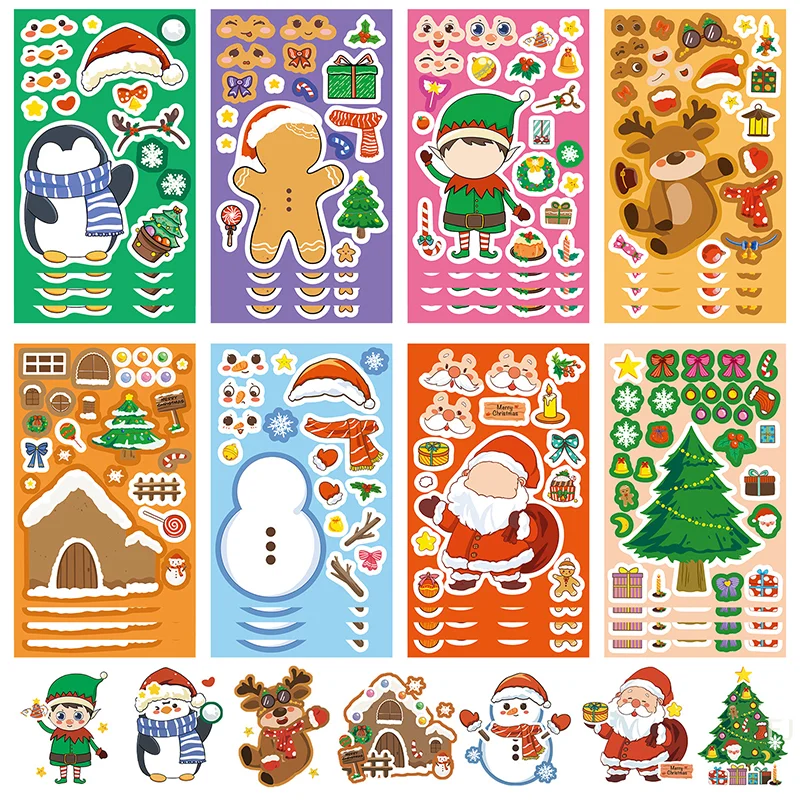 

[YU]16pcs Christmas Puzzle Stickers Make A Face Santa Claus DIY Waterproof Kids Jigsaw Games Sticker Children Party Decor Toy