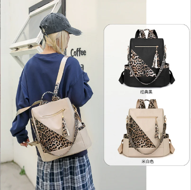 

2026 Korean Large Capacity Anti Theft Travel Backpacks Women's Fashion Leopard Tassels Oxford Shoulder Bags School Bag Knapsack