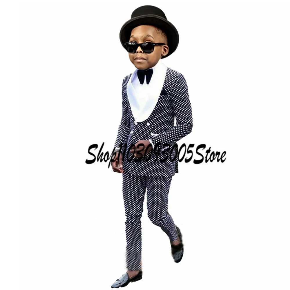 

Black Polka Dots Suit for Boys Wedding Jacket Pants 2 Piece Formal Double Breasted Clothes Kids Blazer Set Party Tuxedo