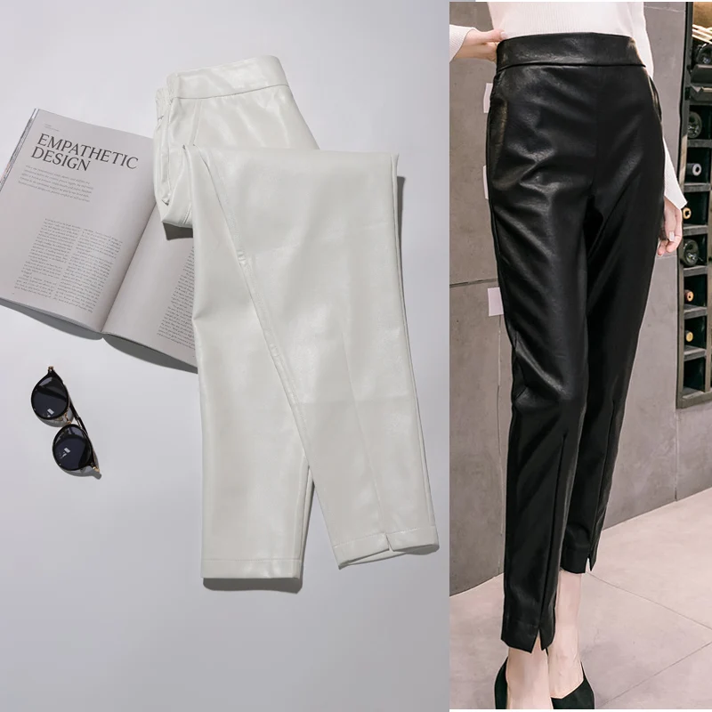 European and American Women's Pants High Waist 2023 Autumn and Winter New Slim Fit Figure Flattering Leather Pants Women's