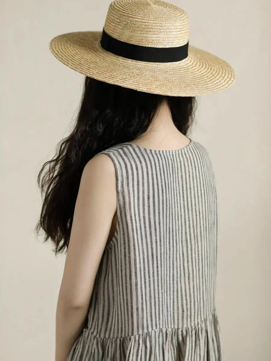 Japanese Sle Color Woven Pure Linen Stripe Vest Dr Women Summer New Loose round Ne Slimming Svel Dr