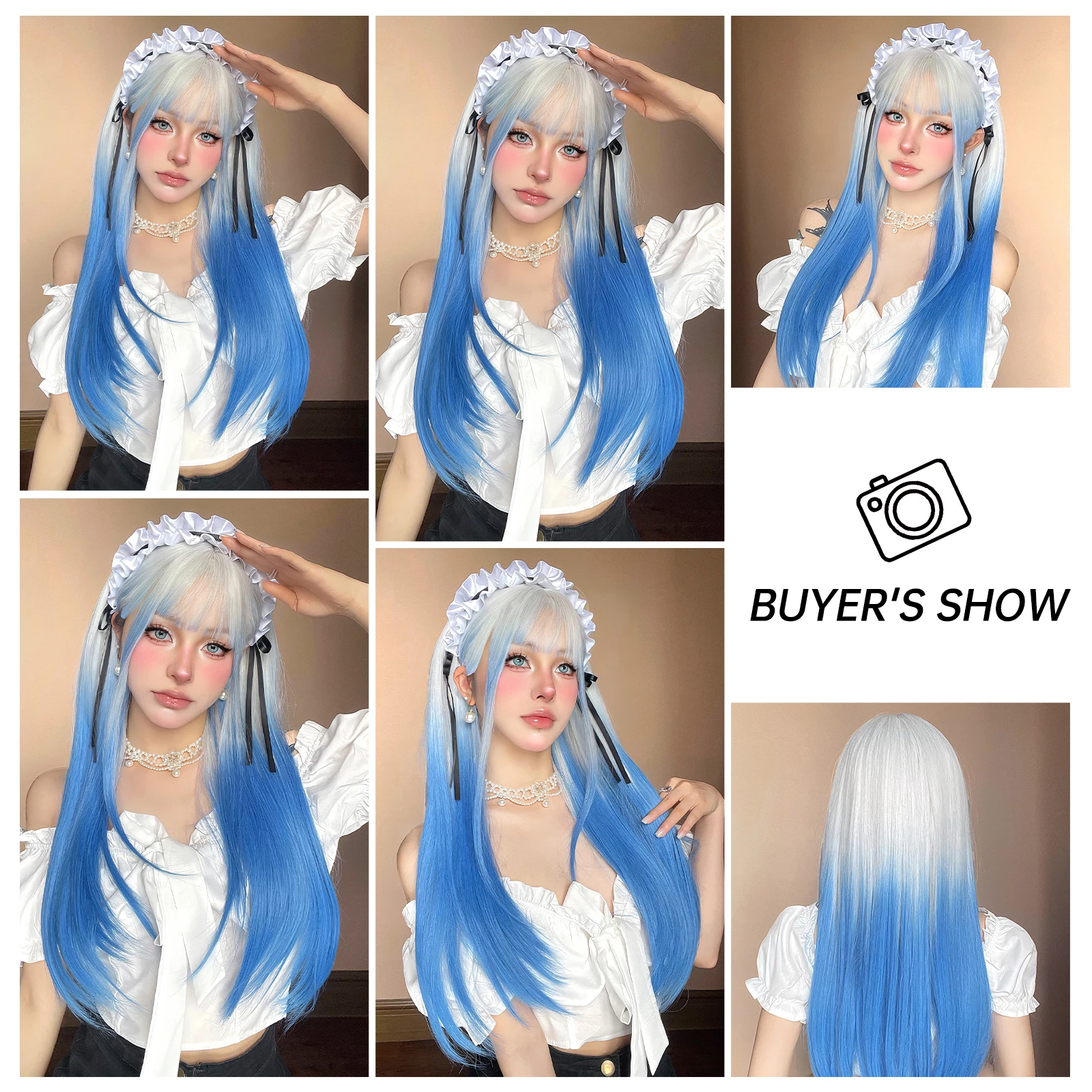 Women\'s wig synthetic summer blue long straight hair air bangs cos hairy girl style wig natural cosplay party heat-resistant