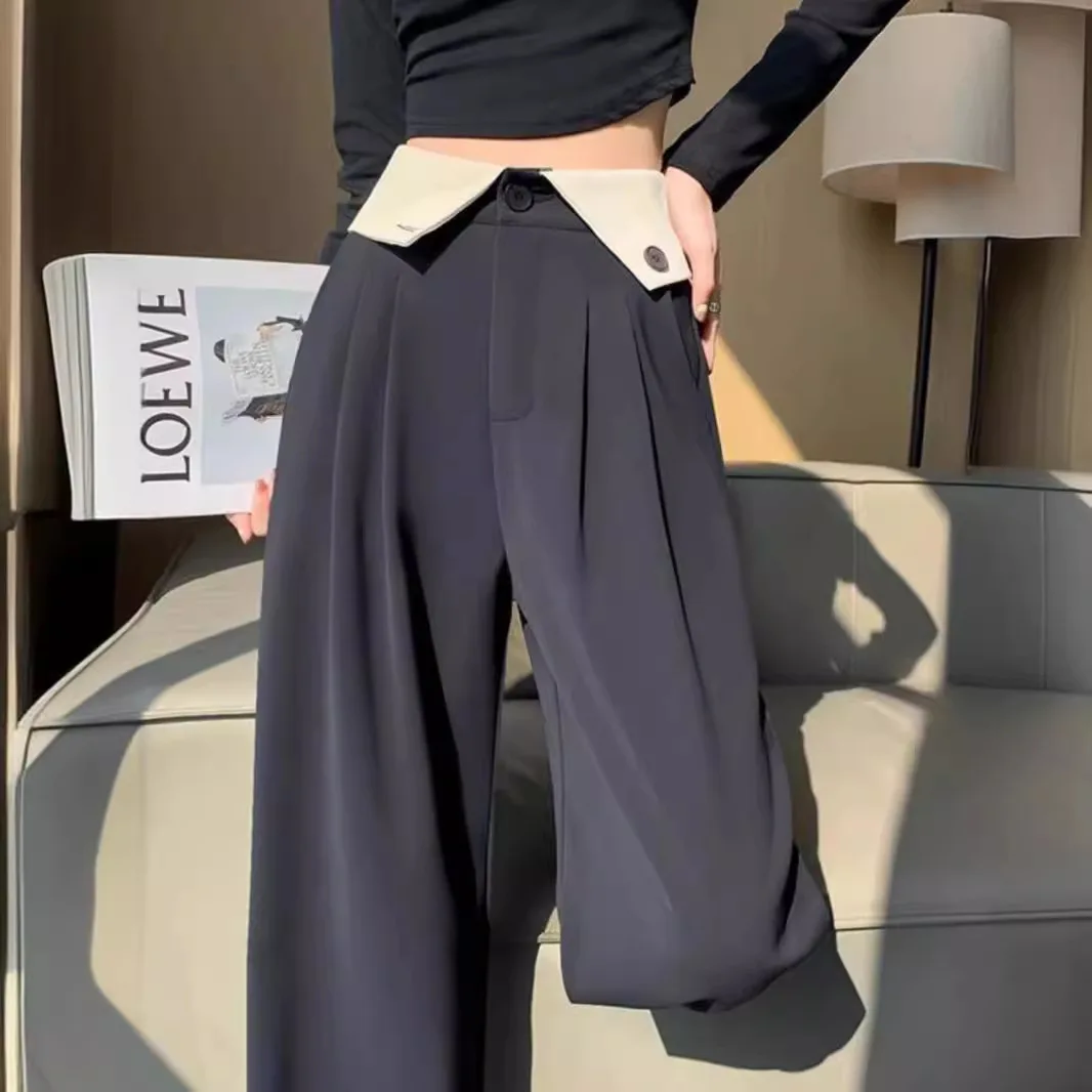 

wide leg pants for women spring and summer, thin design, high waist, casual and slimming, black straight leg length suit pants