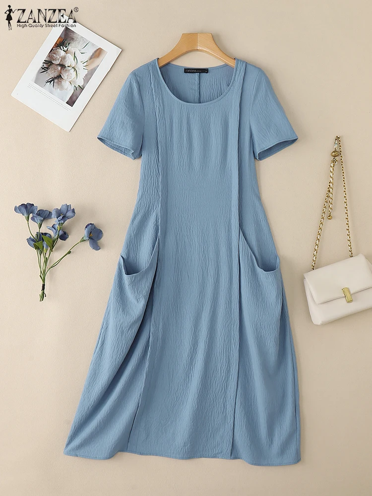 ZANZEA Vestito Solido di Modo Delle Donne di Estate Vestido 2025 Elegante Manica Corta Tasche A Pieghe Midi Vestito Estivo O-Collo Casual Allentato Veste