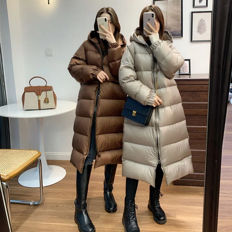 

2023 New Medium Length White Goose Down Jacket Loose Thicken Warm Women's Down Jacket Hooded Fashion Solid Color Down Coat