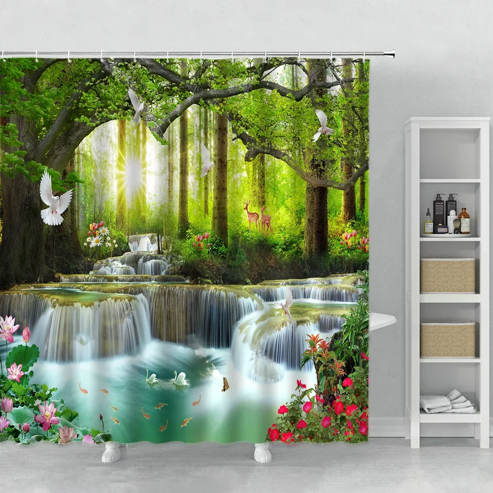 Sunshine Forest Waterfall Landscape Shower Curtain Flower Bird Fish Plant Deer Green Jungle Bathroom Bath Curtain Set With Hooks