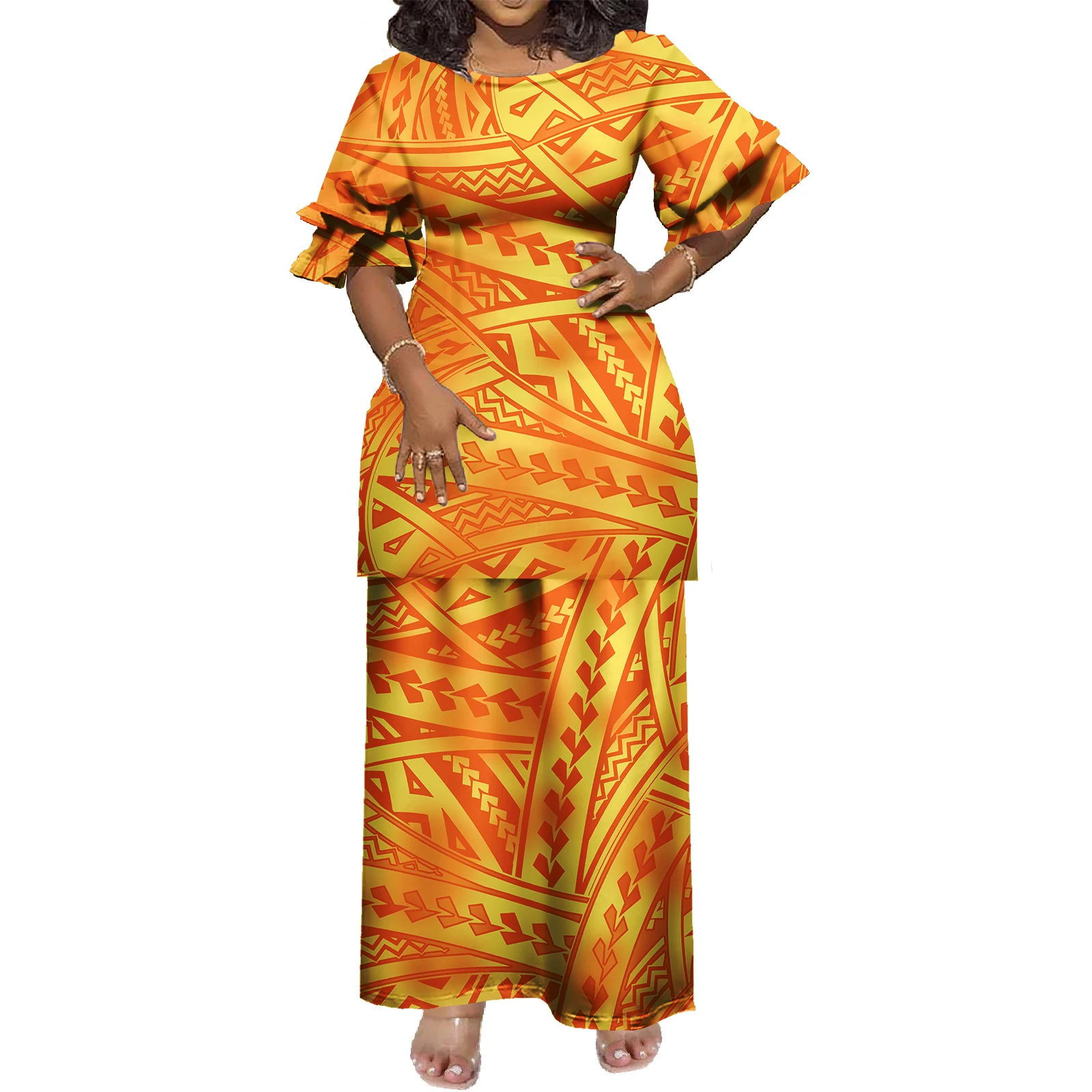 Conjunto de Vestido Floral Havaiano de 2 Peças para Mulheres com Design Tribal Polinésio, Top e Saias Personalizados, Vestido Puletasi Samoa