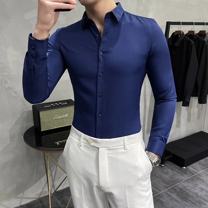 Plus Size 7XL-M High Quality Men Dress Shirt 2024 Spring Long Sleeve Solid Business Slim Shirts Homme Dress Social Casual Shirt