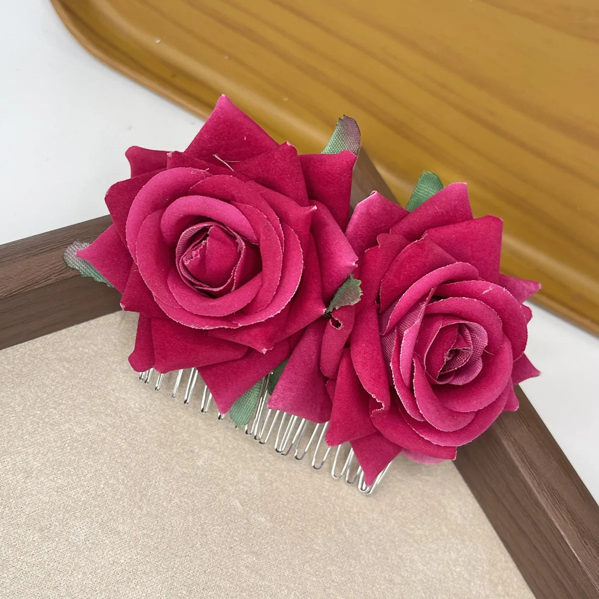 1pc velvet rose hair clip, metal brush hairpin hair comb, vacation wedding hair ornament view 5
