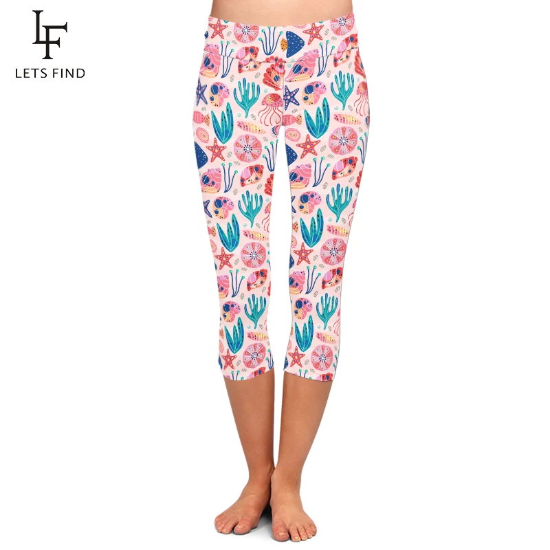 

LETSFIND New Women High Waist Elastic Capri Legging beautiful Underwater Sea Life Print Fitness Stretch Slim Mid-Calf 3/4 Pants