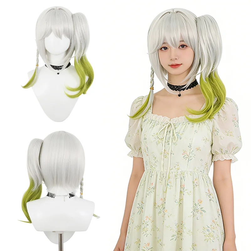 

Nahida Cosplay Wig Silver Green Gradient Ponytail Heat Resistant Synthetic Hair with Simulated Scalp for Anime Party Daily Wear