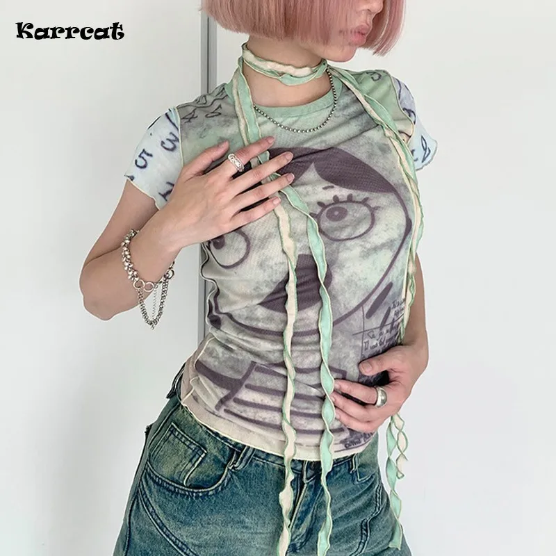 Karrram Trashy Y2k Mesh Tops Grunge Aesthetics Graffiti Print T-shirt Vintage Japanese 2000s Short Sleeve Sheer Tops Harajuku