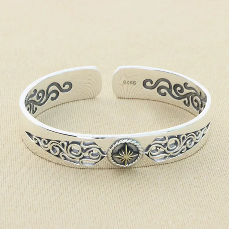 Handsome and exquisite jewelry, pure silver hollowed out sunflower bracelet, open mouth, male personality trendy retro punk cool