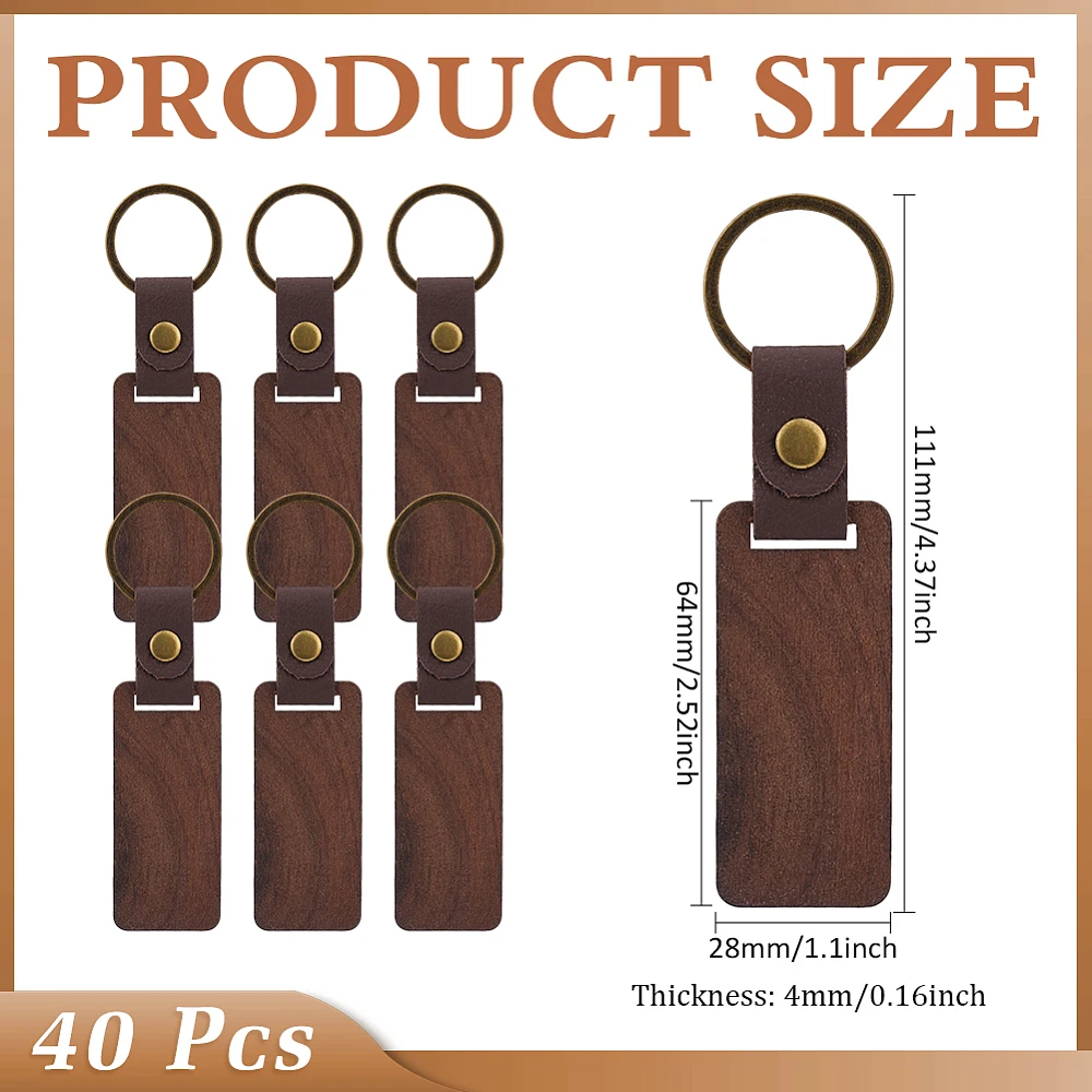 40 Pcs Walnut Wood Keychains Blank Wooden Key Chain with Leather Strip Unfinished Rectangle Keyrings for Laser Engraving DIY