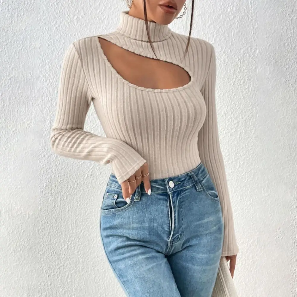 

Women Long Sleeve Top Striped Knitted High Collar Pullover Sweater for Women Slim Fit Soft Fall Winter Top with Hollow Out