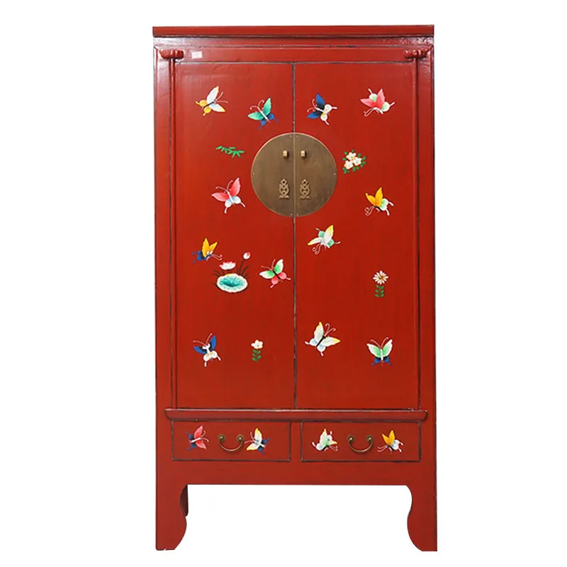 YJQ Tea Room Chinese Butterfly Painted Solid Wood Wardrobe Homestay Hotel Bedroom Storage Wardrobe