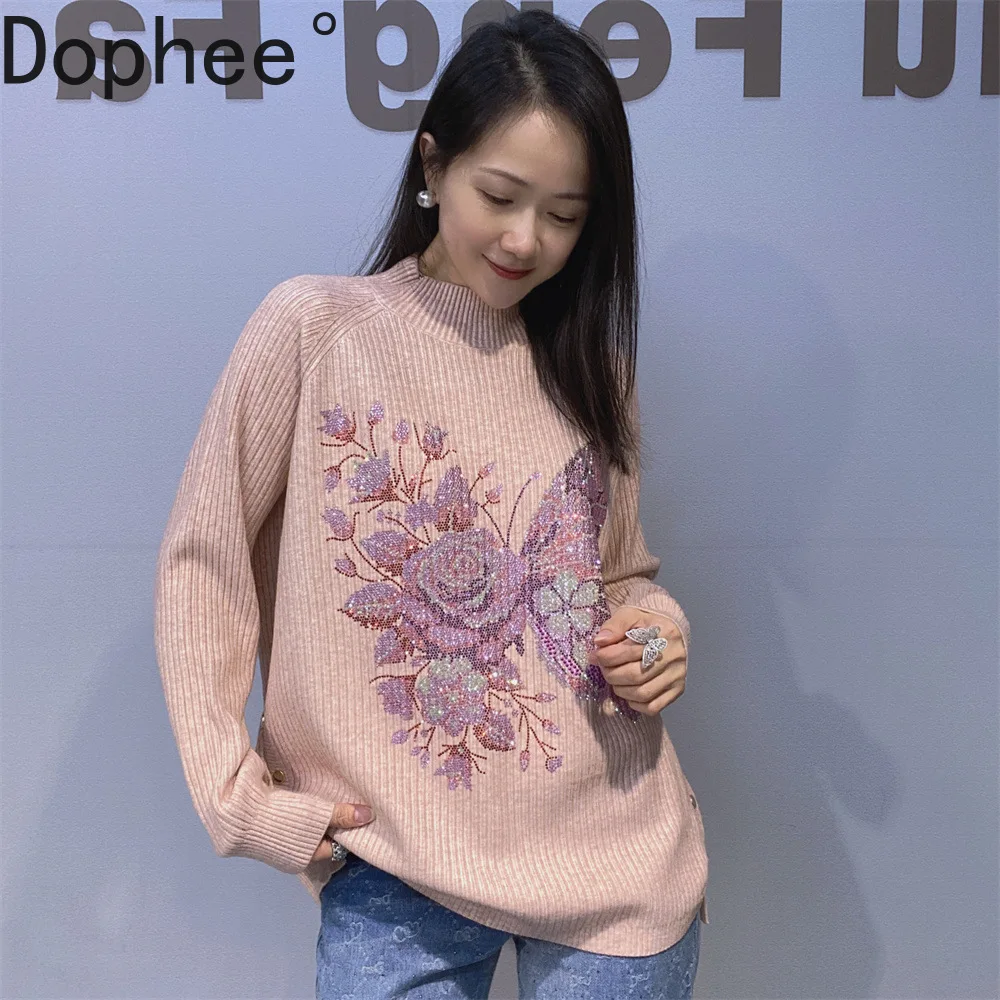 

Elegant Diamonds Female Knitted Shirts All-match Autumn Winter Pink Sweater Top Large Size All-match Long Sleeve Knit Pullovers