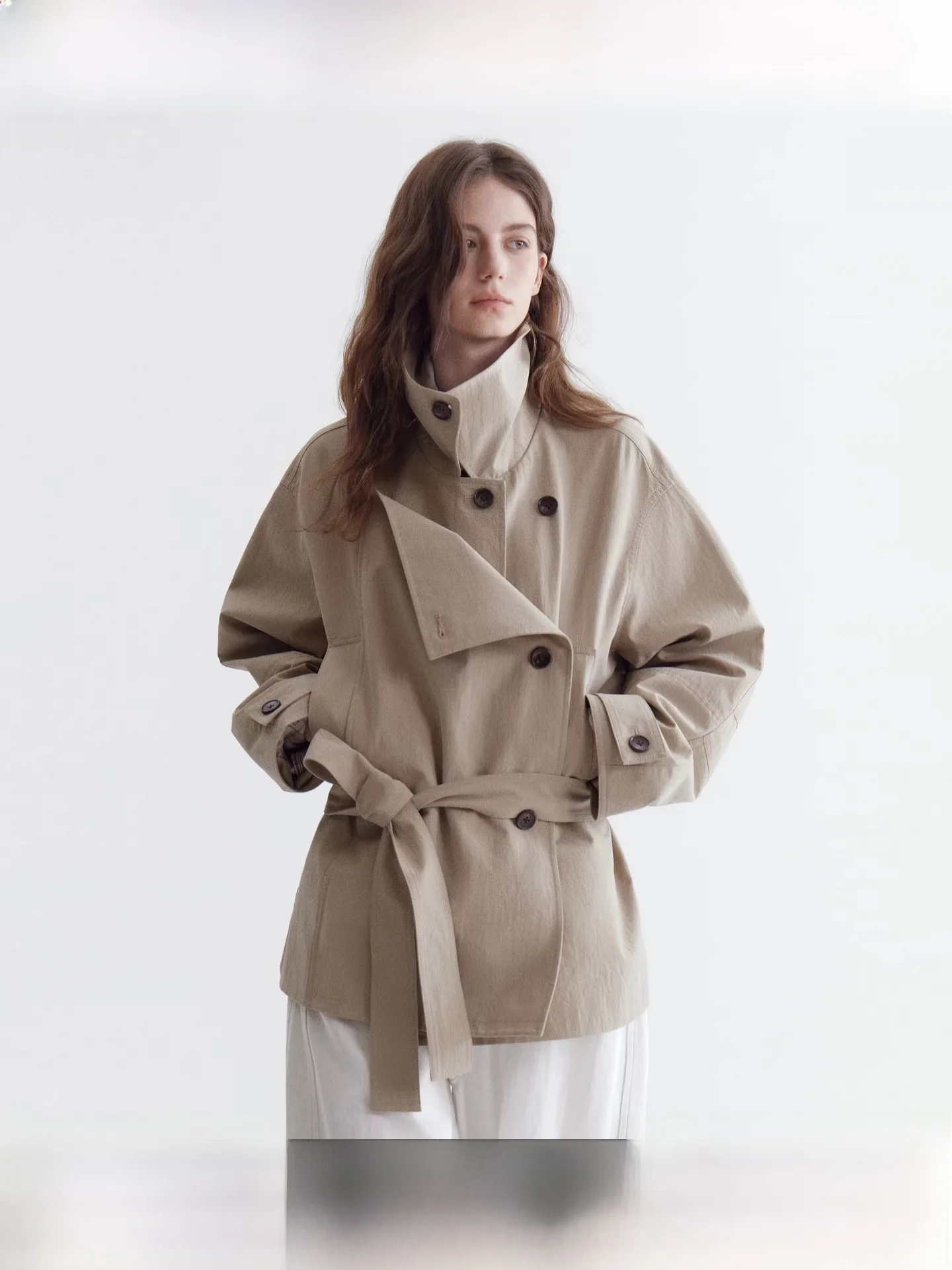 

Fano Women's ort Windbreaker Jaet Double Row Button Belted High Waist Cotton Casual Faion Korean Sle Regular Sve