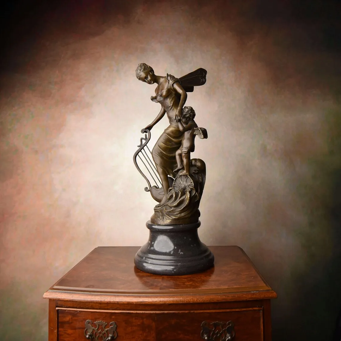 Bronze Flower Fairy Cherub with Harp Statue Vintage Sculpture Handcrafts Marble Base High-end Home Hotel Decoration 46CM