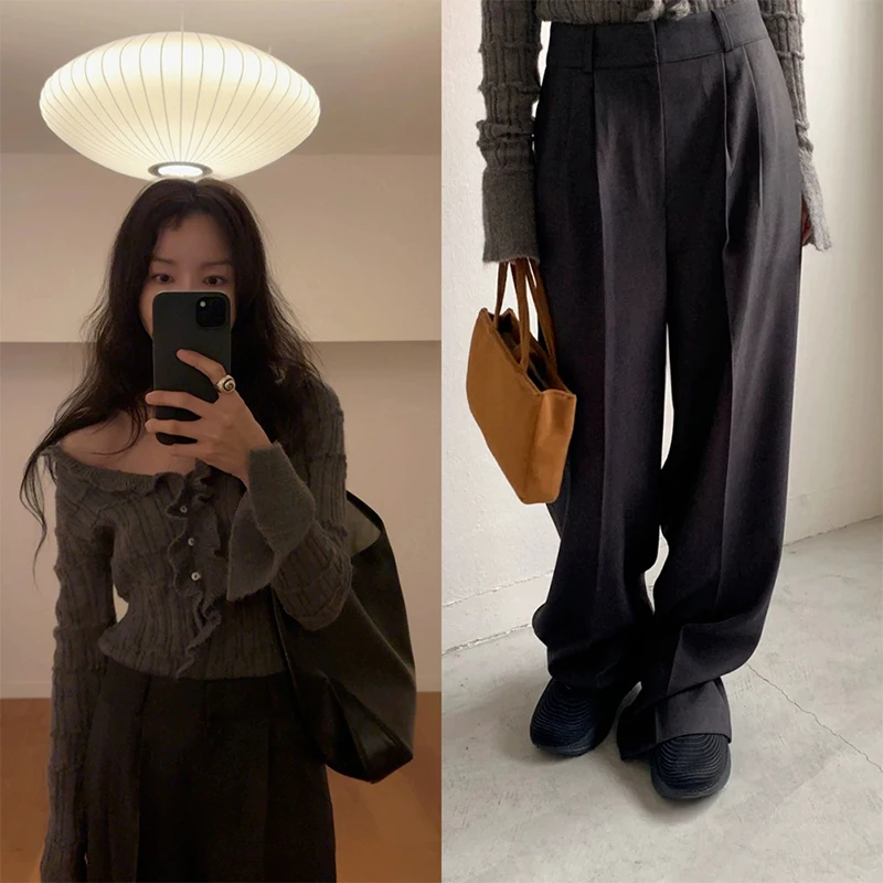 Sli Knitted Sweater with Large Collar And Straight Casual Pants for Women Spring Faion Low round Ne Long Sve Singl...