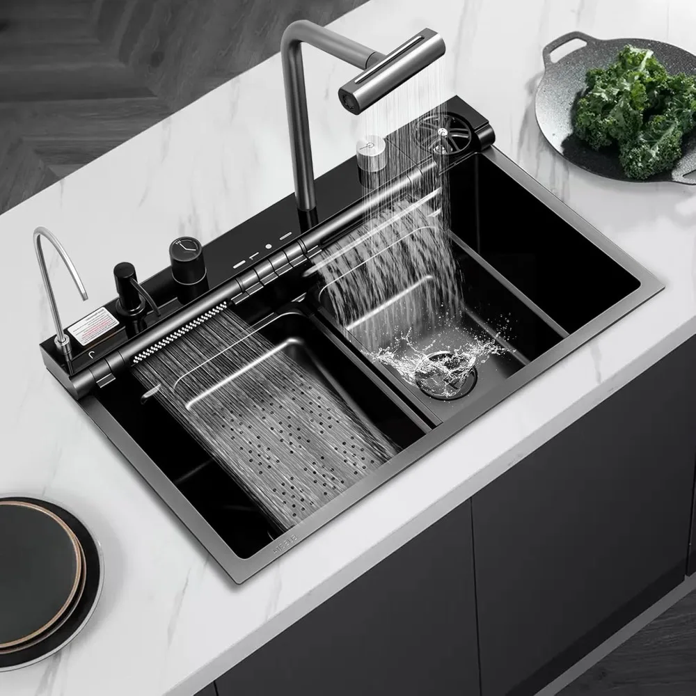 

30x18 Dual Waterfall Kitchen Sink, Modern Kitchen Sink with 4 in 1 Faucet, Black Stainless Steel Single Bowl Digital Smart Sink