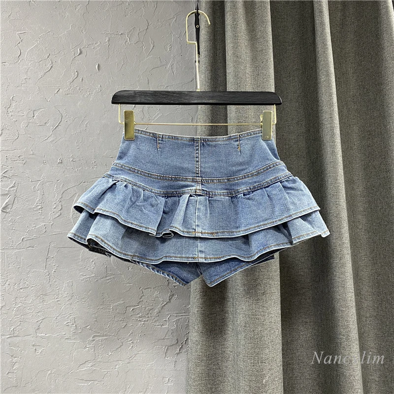 High Waist Single-Breasted Ruffles Cake Denim Skirt Woman 2023 Spring Summer New Bubble Jeans Skirts Girls Students Fit Stretch