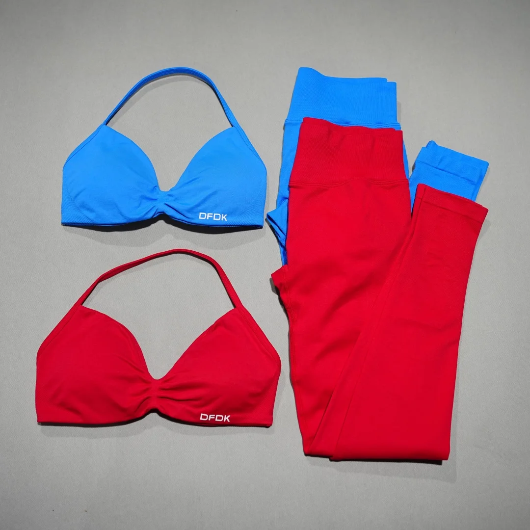 DFHE High Waist Scrunch Butt Leggings Set, Backless Halter Sports Bra, Seamless 2-Piece Yoga Fitness Athletic Wear