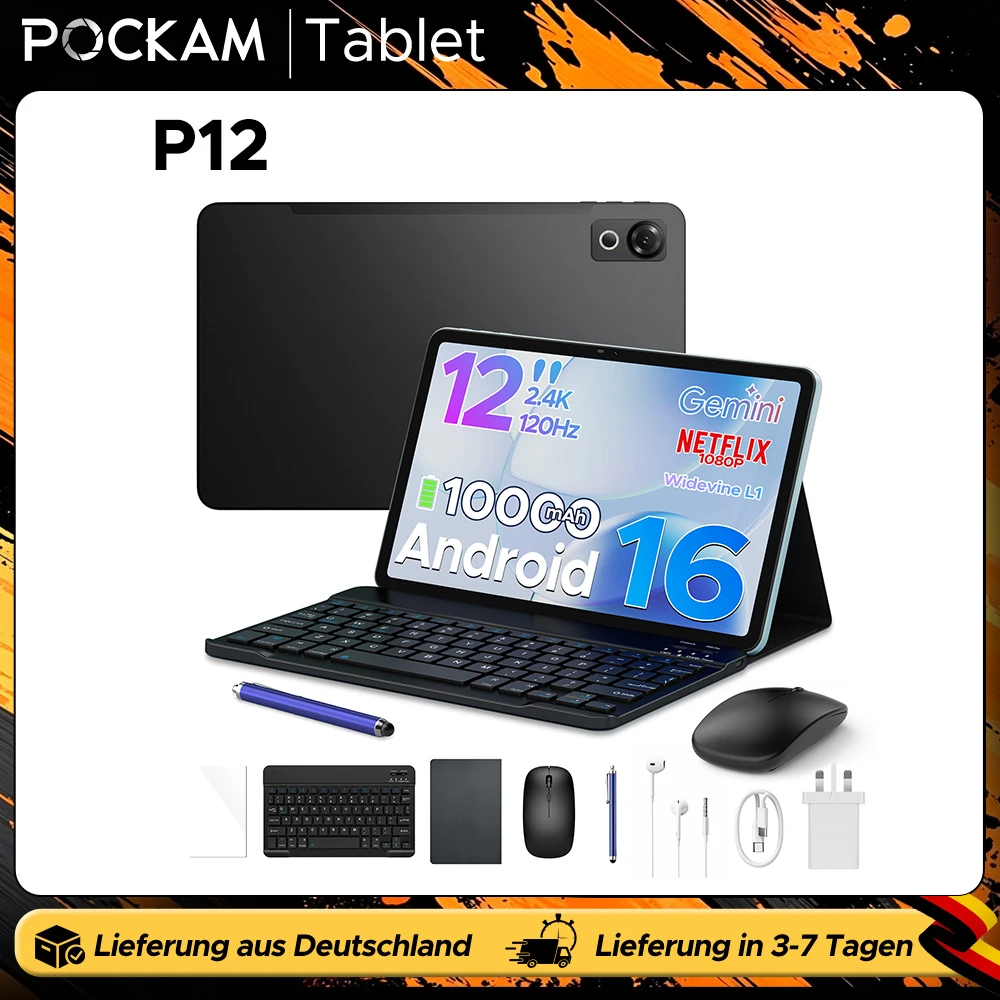 Tablette PC Android 2-en-1 POCKAM P12, processeur Gemini AI 16 cœurs, écran 12 pouces 2.4K, 48 Go de RAM (8+40), 128 Go de stockage, batterie 10 000 mAh, prend en charge Widevine L1