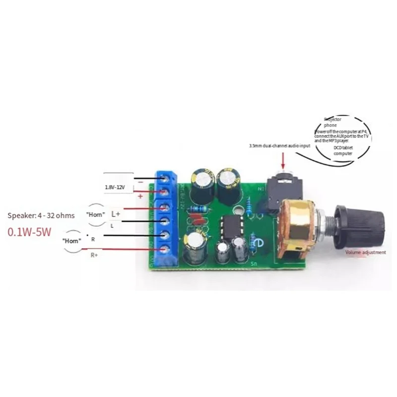 B68C Portable Radio Amplifier Board TDA2822M Stereo Audio Amplifier Board 2.0 DC 1.8-12V Stereo DC Amplifier Board