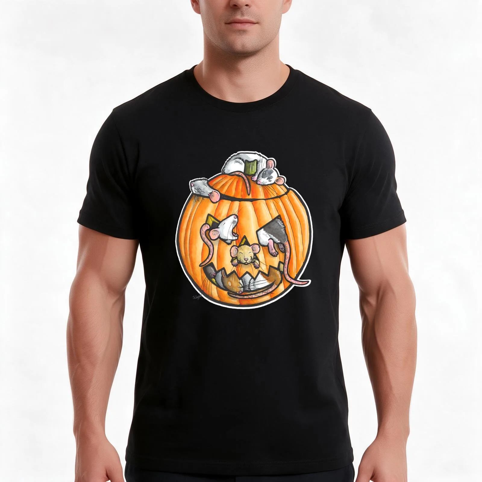 Halloween pumpkin rats T-Shirt, Summer Casual Cotton Tee, Oversized Streetwear Tops, Vintage Graphic Print, Unisex Men Women