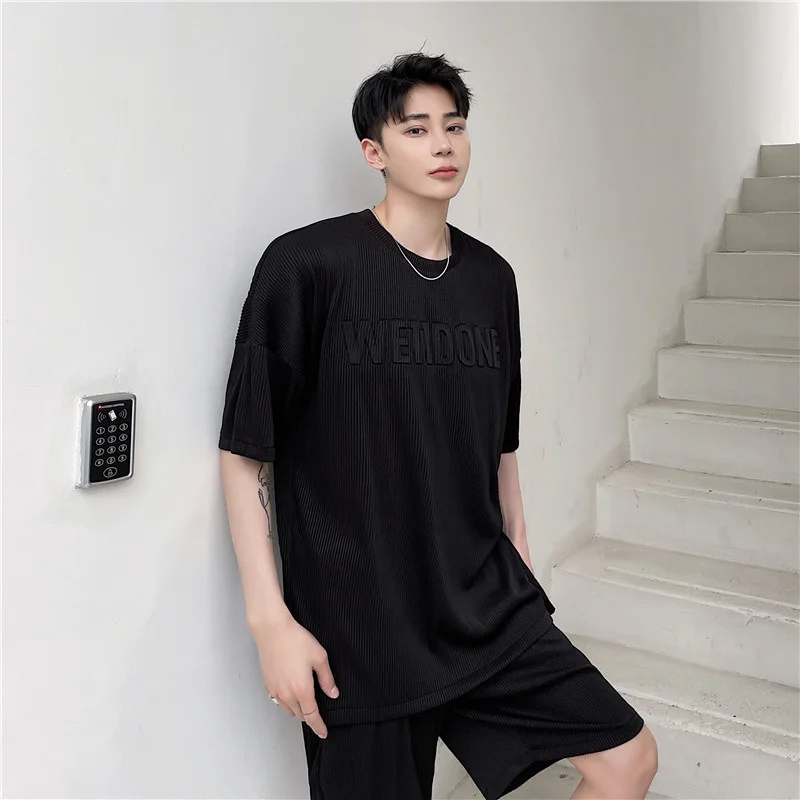 New Summer Men's T-shirts Sets Matching Elastic Waist Shorts Corduroy Letters Embossed Short Sleeve Tees Oversized Clothing MAN