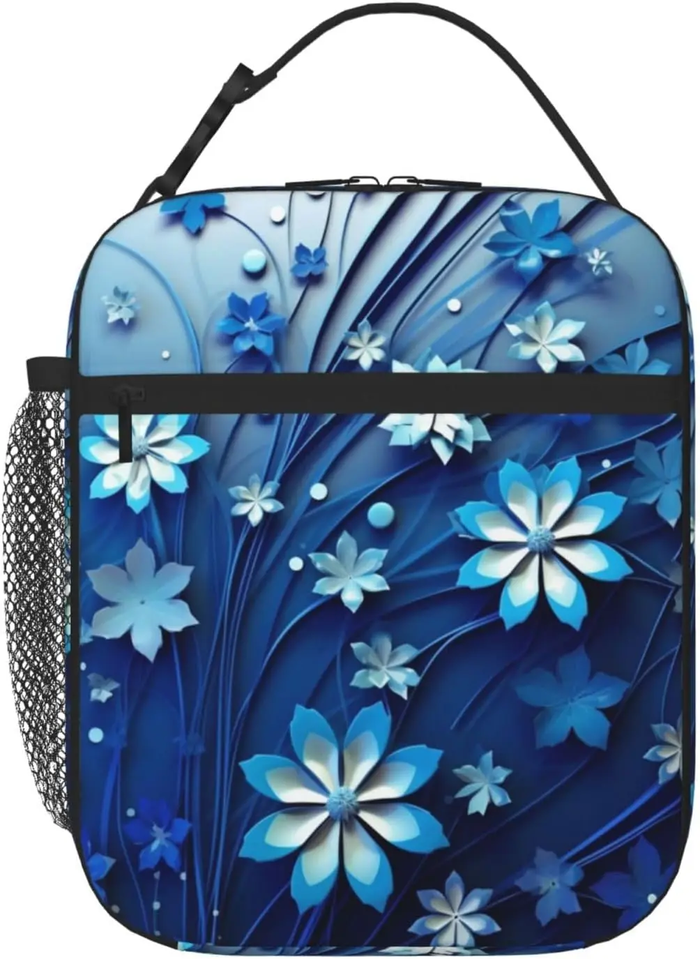 

Lunch Box for Women Blue Mini Flower Swirl Lunch Box with Side Pocket Durable Reusable Lunch Tote bag