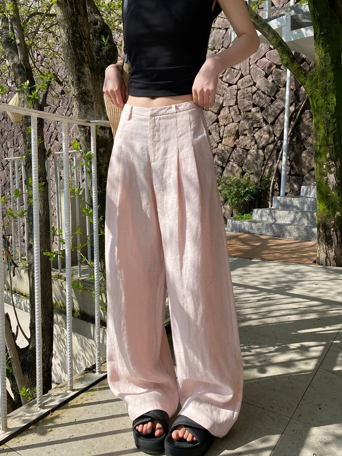 

Pink Linen Pants Women Summer Thin New Loose Lazy Style Casual Pants High Waist Drape Wide Leg Pants Commute Style Pure Color