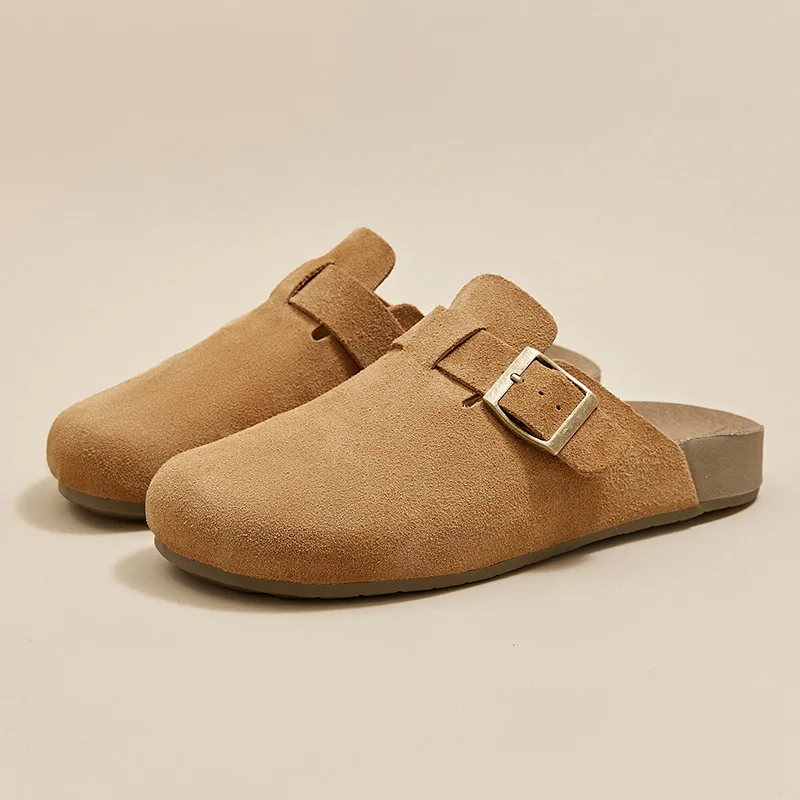 

Women Faux Suede Flat Slippers Summer Woman Vintage Close Toe Mules Shoes Female Soft Sole Cork Slides Outdoor Slippers