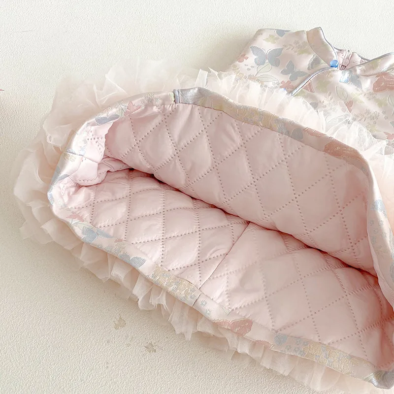 فستان بناتي ريترو للعام الجديد 2025 شتاء جديد للأطفال على الطراز الصيني تنورة مائلة فستان كعكة فستان سميك للأطفال