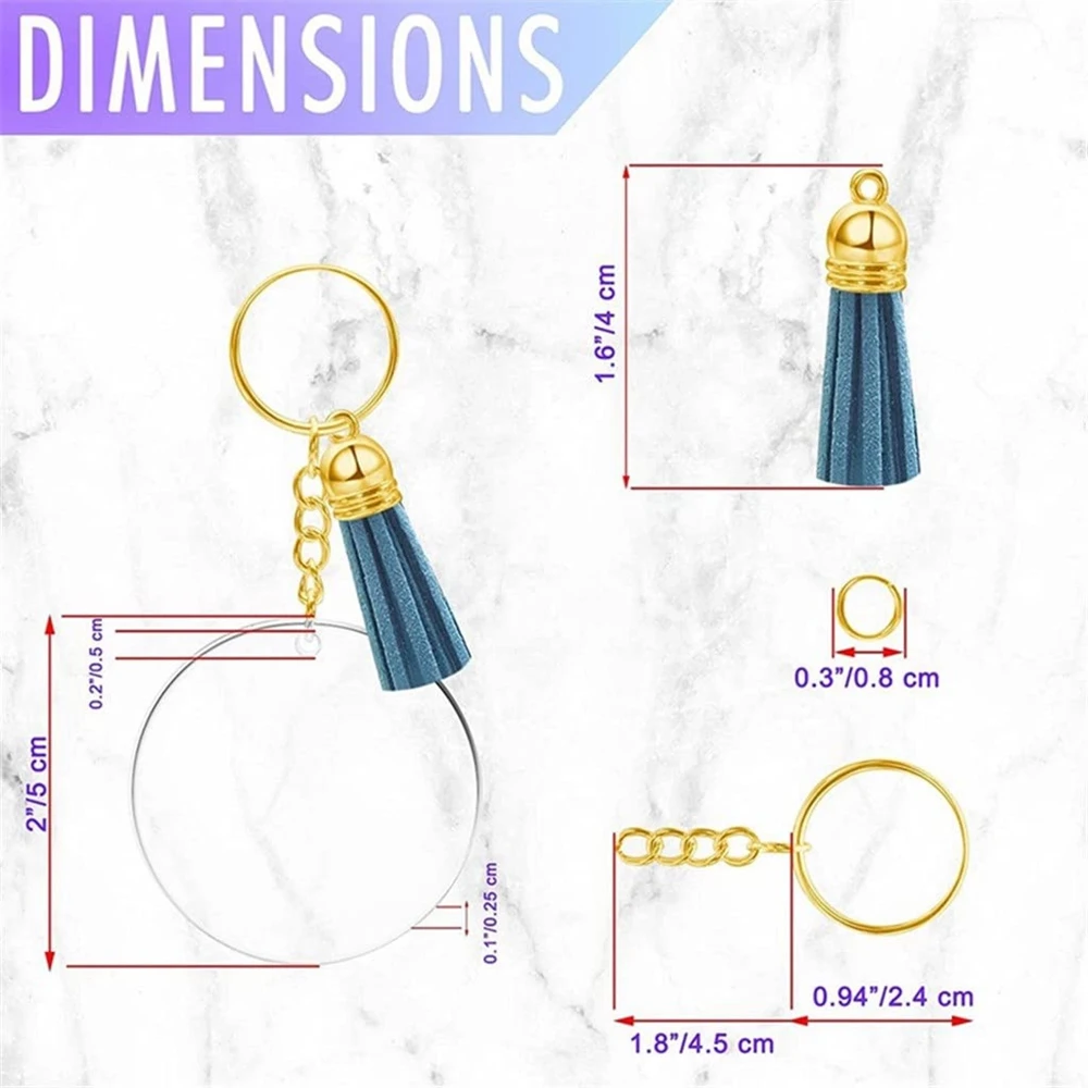 200pcs Acrylic Keychain Blanks Including Gold Keychain Rings Jump Rings Acrylic Circle Disc and Craft Tassels for DIY Keychain