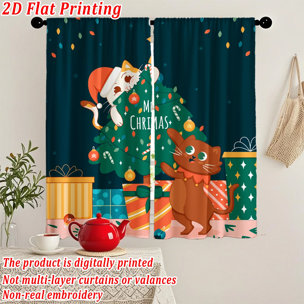 Christmas Flat Printing Kitchen Curtains With Christmas Tree Gift Box Ball Star Cat Holiday Home Door Window Decor