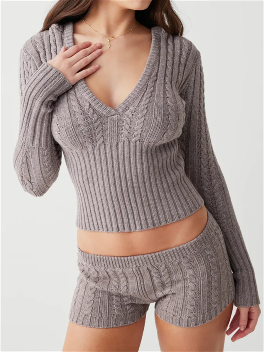 Chic 2 Piece Set Women Twist V Neck Cropped Sweater and Mini Shorts Sets Y2K Aesthetic Casual Knit Pullovers Short Pant Suit