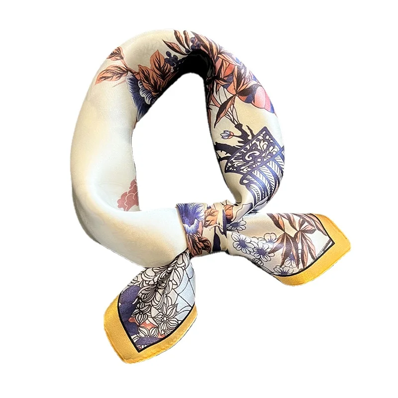 53cm Women 100% Silk Scarf Nature Foulard Female Floral Neckerchief Bandana High Quality Small Scarves for Hairbands 2024