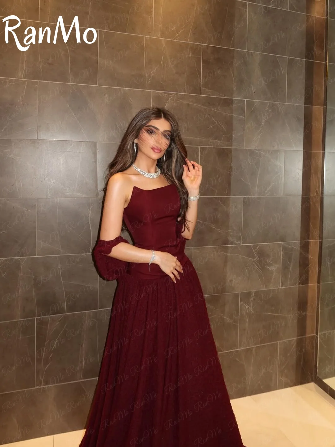 Ranmo 2025 personalizado moderno uma linha borgonha vestido de festa de casamento sem mangas mancha vestido de noite novia até o chão