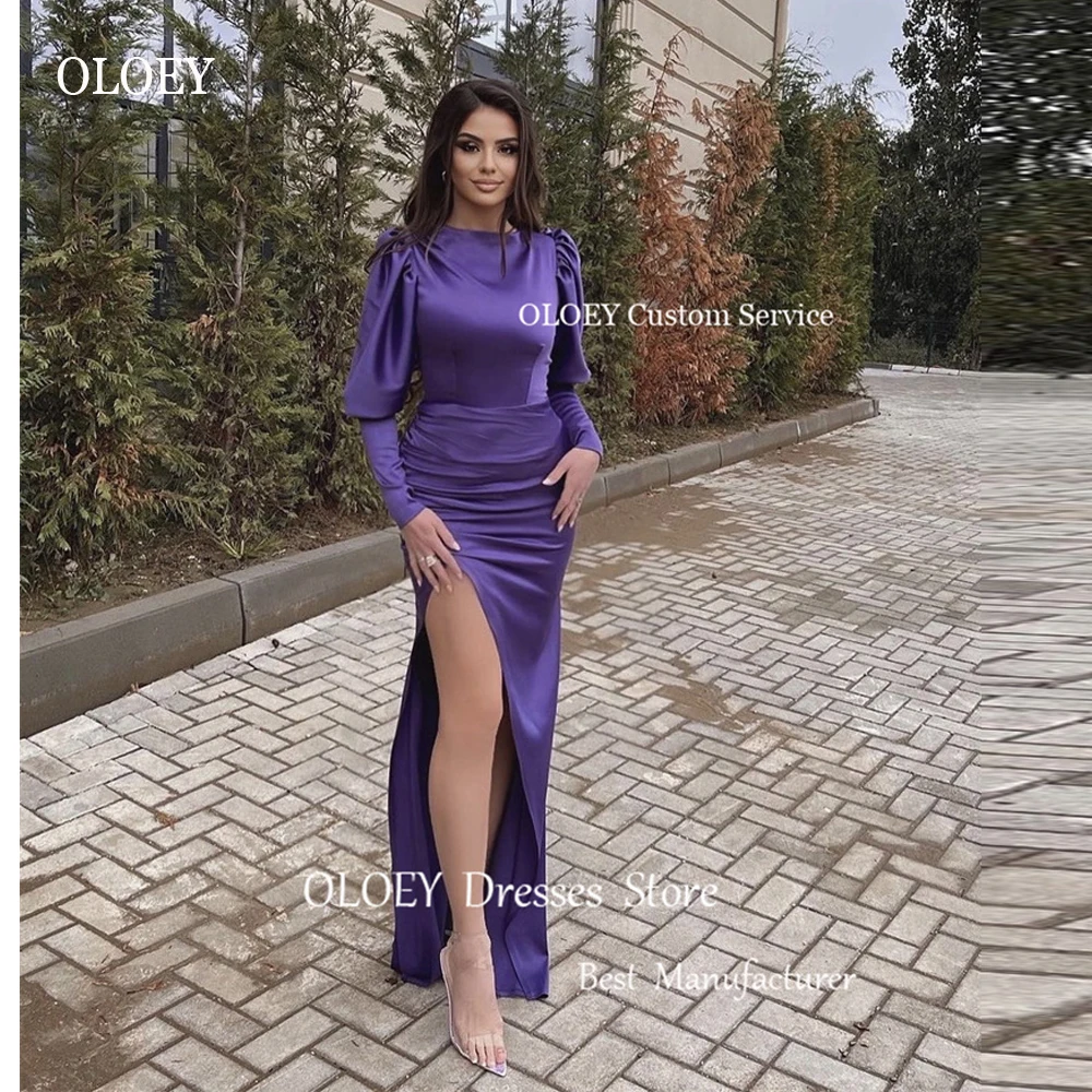 

OLOEY Modest Dark Purple Silk Satin Evening Dresses Long Sleeves Jewel Neck Split Arabic Dubai Women Formal Prom Party Gowns