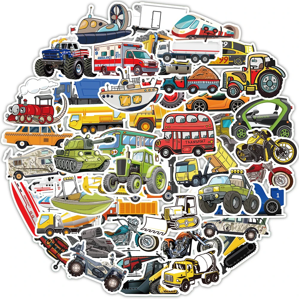 50 PCS Engineering Vehicle Car Sticker Cute Bus Truck Motorcycle Stickers for Kids Toy Travel Trolley Suitcase Laptop Skateboard