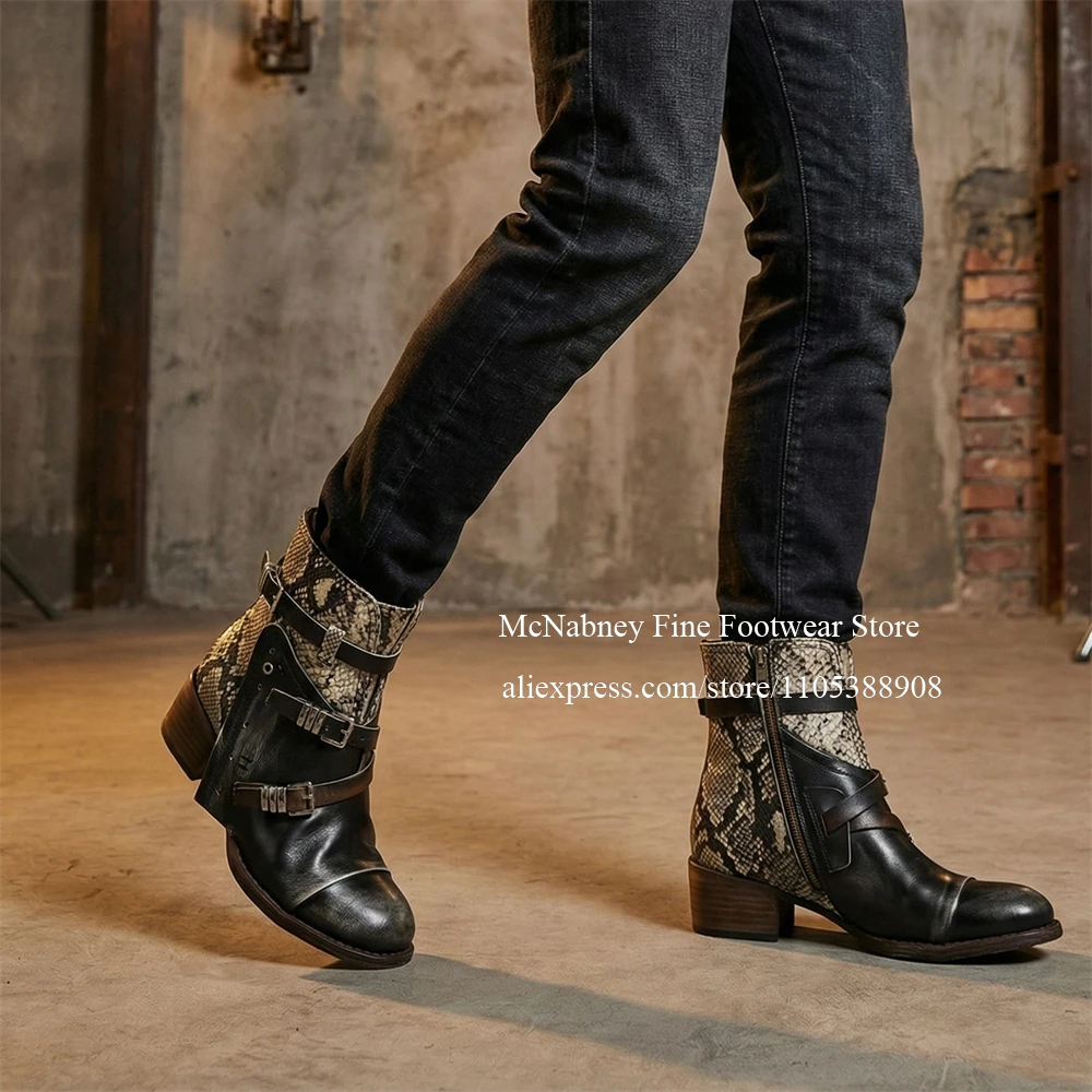 

Black Leather Mid Calf Cowboy Boots Snake Skin Buckle Straps Decor Round Toe Vintage Western Style Boots for Men Casual Footwear